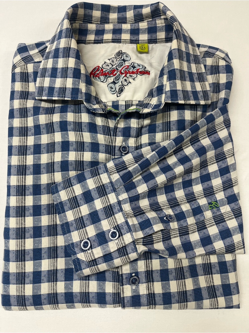Robert Graham Men’s 2XL Blue White Plaid Button Down Classic Fit Shirt 1707